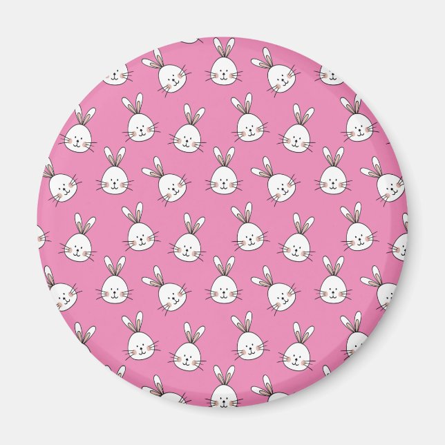 Aimant Joli lapin blanc de Pâques sur rose (Devant)