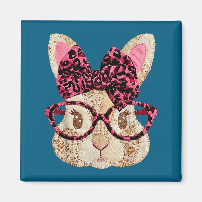Aimant Joli lapin de Pâques patchwork avec lunettes et nœ (Devant)