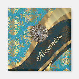 Aimant Joli modèle personnalisé girly aqua damask modèle
