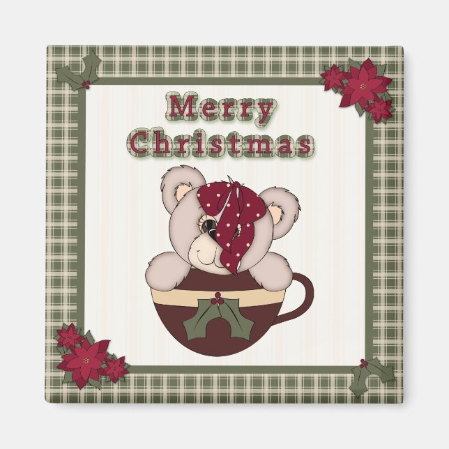 Aimant Joli Noël Plaid Motif Frontière & Ours En Teddy (Devant)