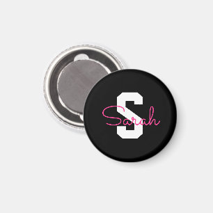 Aimant Joli nom & monogramme Noir Blanc & Rose