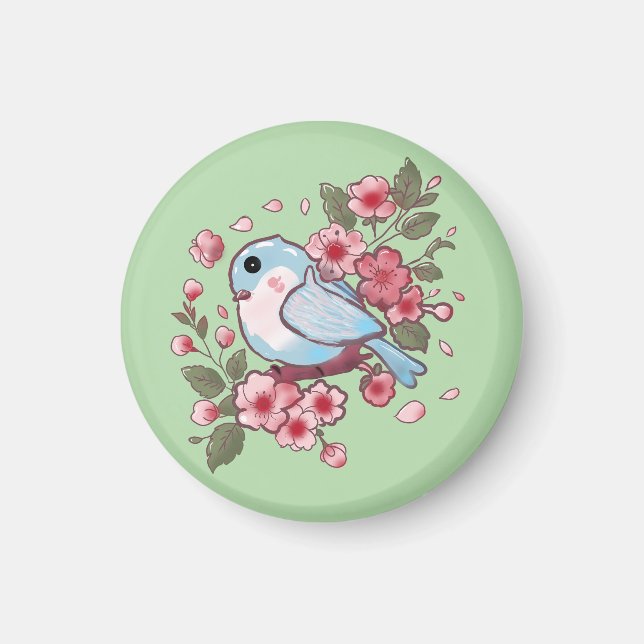 Aimant Joli oiseau bleu de printemps et aquarelle de fleu (Devant)