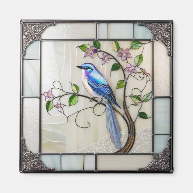 Aimant Joli oiseau bleu sur vigne en fleurs (Devant)