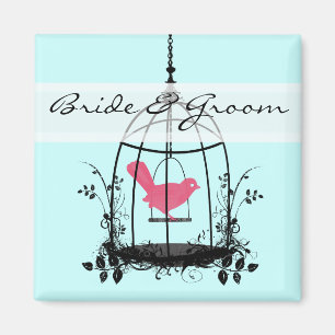 Aimant Joli oiseau rose mariée et marié badge de mariage