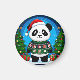 Aimant Joli panda en pull de Noël portant un chapeau de P