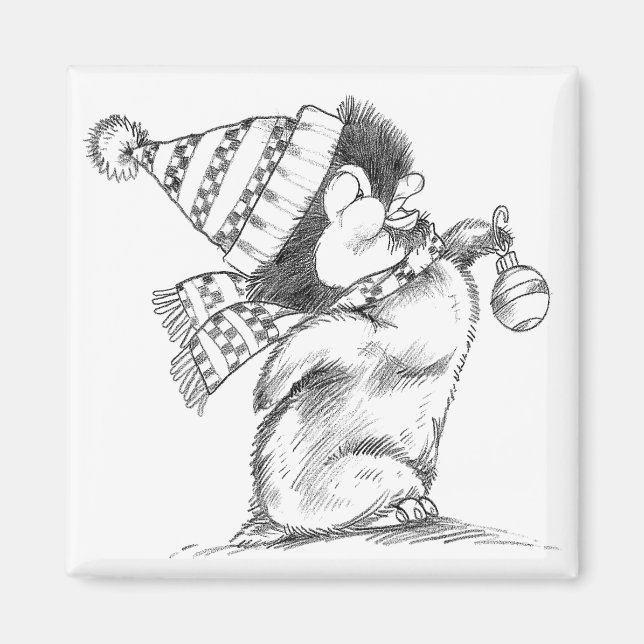 Aimant Joli pingouin de Noël rétro avec chapeau et écharp (Devant)