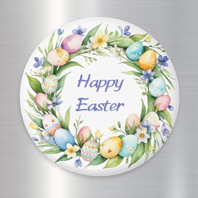 Aimant Joli printemps Fleurs de couronne Oeufs Joyeux Pâq (A pretty magnet with 'Happy Easter' greeting and watercolor-style wreath with eggs and Spring blooms)