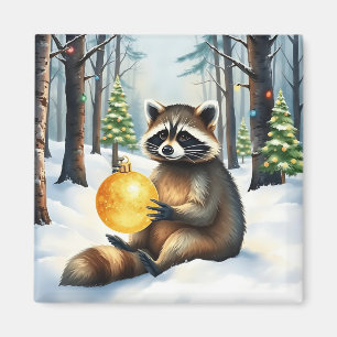 Aimant Joli Raton Laveur d'Hiver avec Ornement Doré Noël