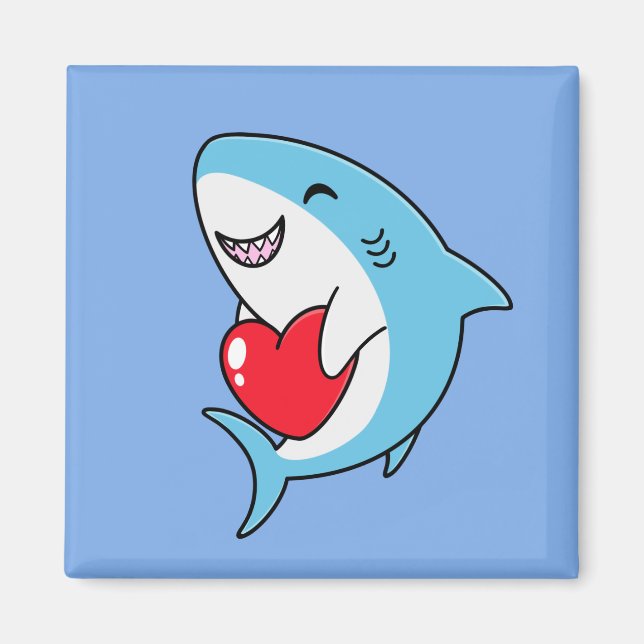 Aimant Joli requin bleu tenant un coeur rouge (Devant)