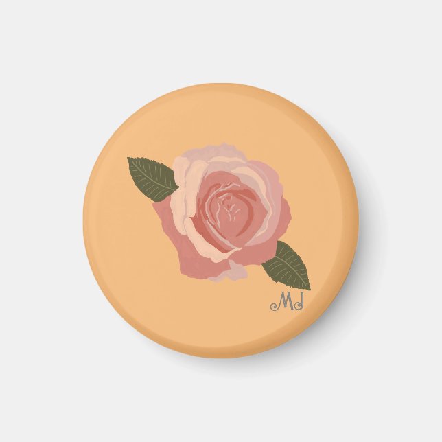 Aimant Joli Rose moderne élégant +Initiales Orange (Devant)