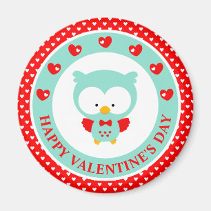 Aimant Jolie chouette bleue et Saint-Valentin cœurs
