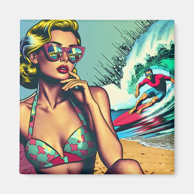 Aimant Jolie femme blonde rétro et mec surfeur (Devant)