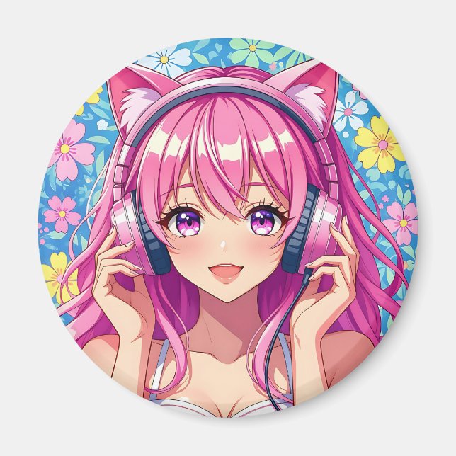 Aimant Jolie Fille Anime Rose avec Écouteurs (Devant)