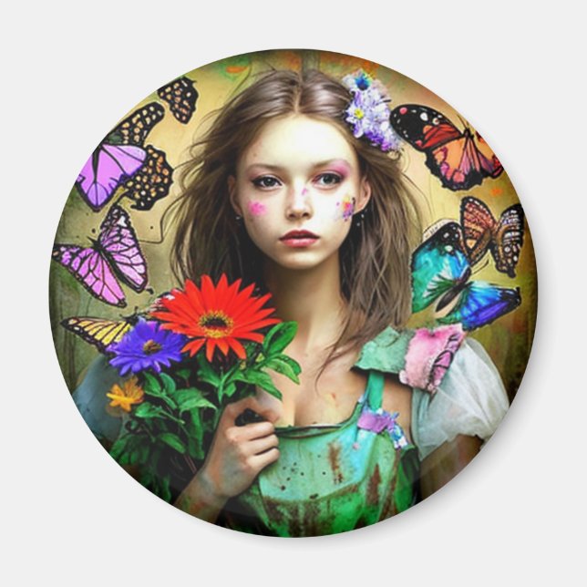 Aimant Jolie Fille avec Fleurs Rouges et Papillons (Devant)