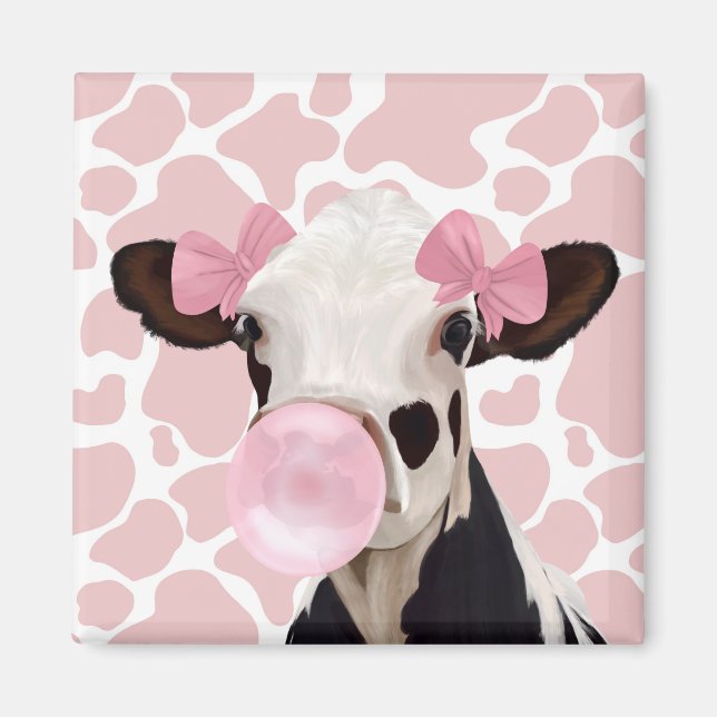 Aimant Jolie fille Bubblegum rose soufflant vache (Devant)