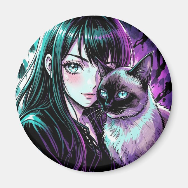 Aimant Jolie Fille d'Anime et Chat Siamois (Devant)