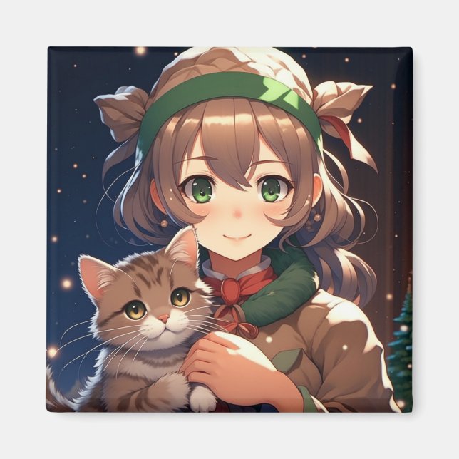 Aimant Jolie Fille d'Anime Tenant un Chaton Noël (Devant)