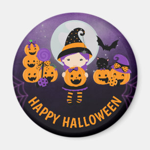 Aimant Jolie fille sorcière et citrouilles Joyeux Hallowe