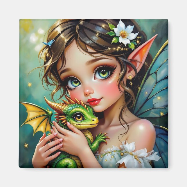 Aimant Jolie fille thème fée et dragon   (Devant)