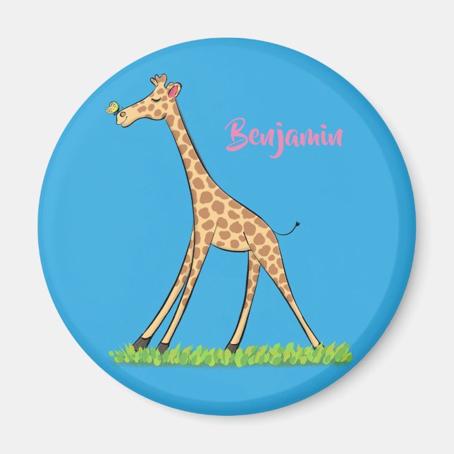Aimant Jolie girafe avec dessin animé de papillon (Devant)