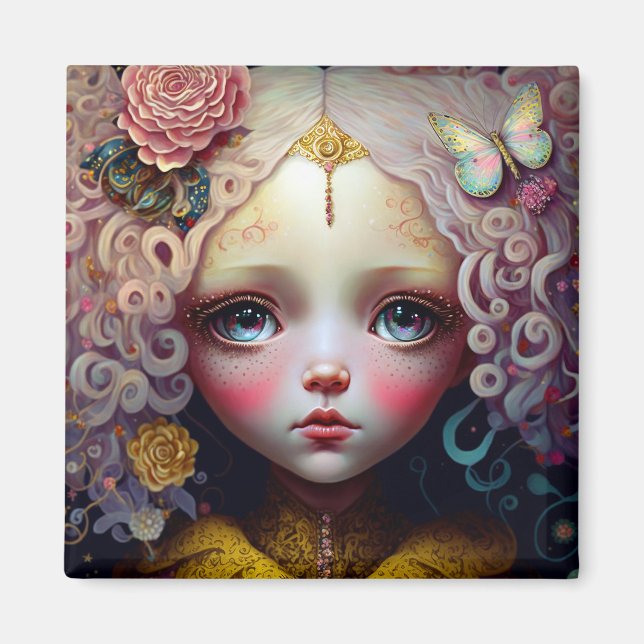 Aimant Jolie poupée fille cheveux roses (Devant)