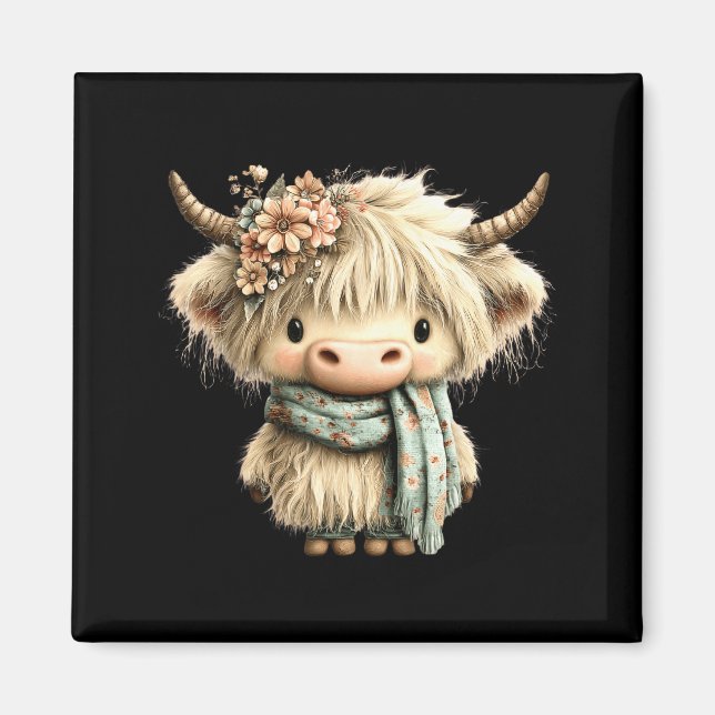 Aimant Jolie vache des Highlands florale boho ferme anima (Devant)