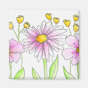 Aimant Jolies fleurs aquarelles roses et jaunes