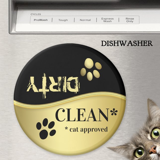Aimant Jolies pattes de chat noir or lave-vaisselle propr (Clean-dirty dishwasher magnet featuring cute cat paws on gold and black.)