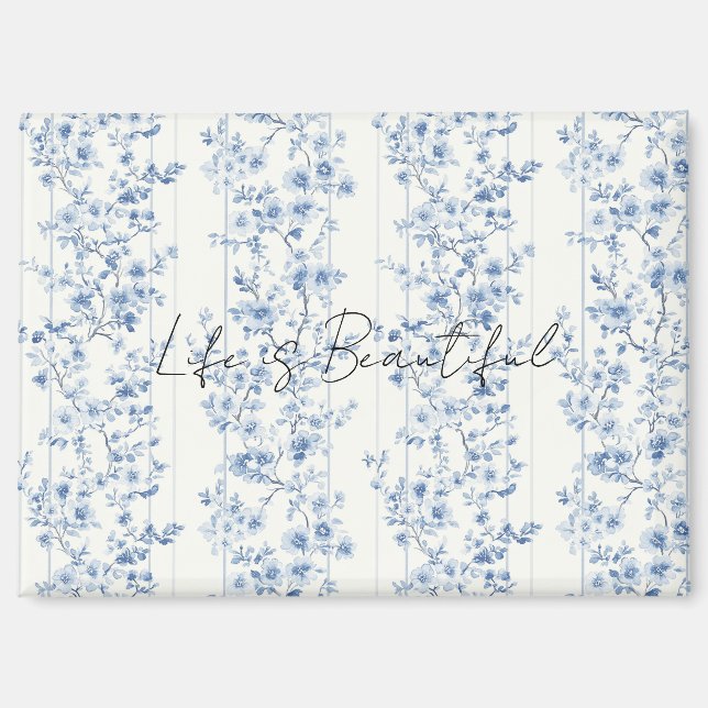 Aimant Jolies Rayures Florales Bleues et Blanches (Recto)