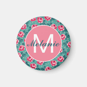 Aimant Jolies Roses Roses et Points sur Teal Personnalisé