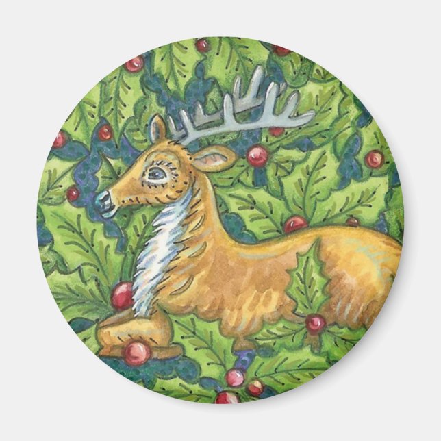 Aimant Jolis rennes de Noël dans la forêt avec du houx (Devant)