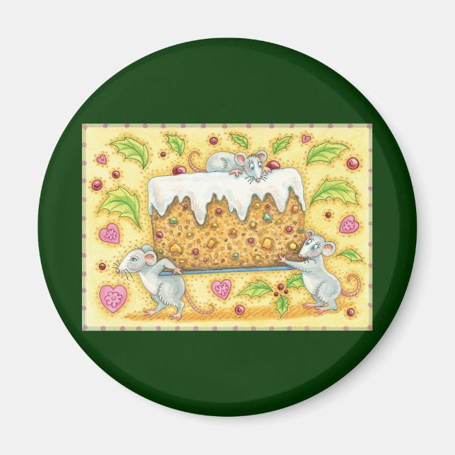 Aimant Jolis souris de Noël portant un dessert de gâteau  (Devant)