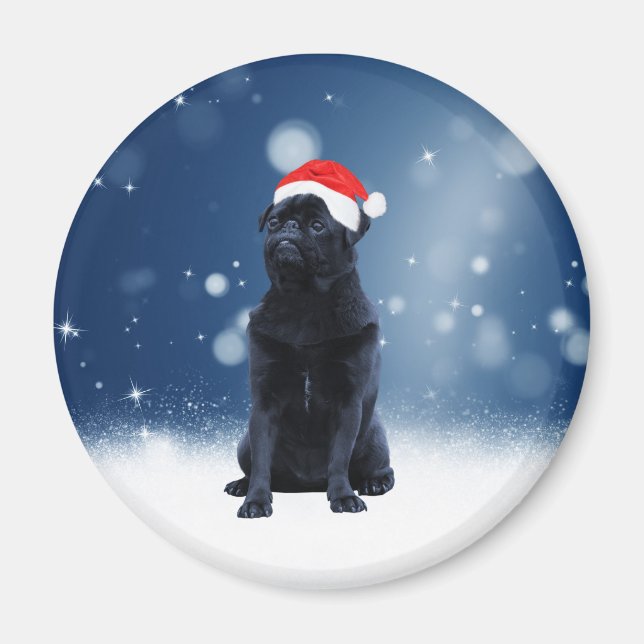 Aimant Jote Chien Carlin noir Noël Santa Hat Étoiles de n (Devant)