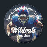 Aimant Joueur de football personnalisé photo Esprit école<br><div class="desc">Ce cool customisé au lycée footballeur de l'aile de l'esprit photo de joueur dispose de typographie blanche de votre équipe et nom du joueur. Personnalisez avec le type de mascotte à travers la photo de l'athlète.</div>