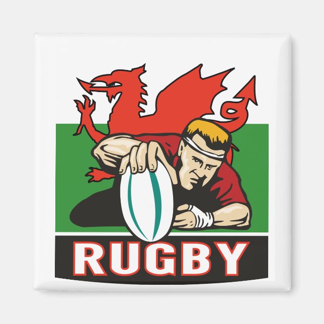 Aimant Joueur de rugby pointant essai drapeau de galles (Devant)