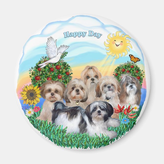 Aimant Journée heureuse avec six Shih Tzus (Devant)