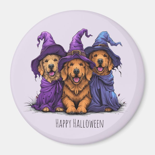 Aimant Joyeuse Halloween Golden Retriever Chiens sorcière (Devant)