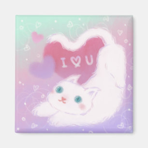 Aimant Joyeuse Saint-Valentin avec chat blanc duveteux