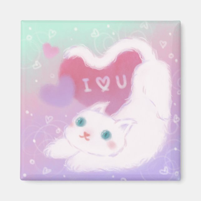 Aimant Joyeuse Saint-Valentin avec chat blanc duveteux (Devant)