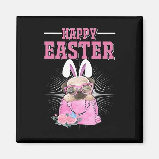 Aimant Joyeuses Pâques Chien Drôle Pug Lapin  (Devant)