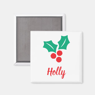 Aimant Joyeuses Vacances Rouge Blanc Vert Holly Nom perso