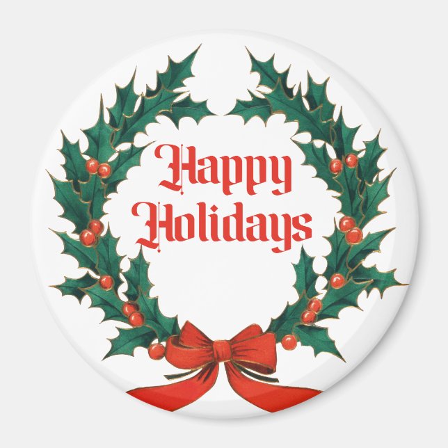 Aimant Joyeuses vacances Vintage Holly Noël Wreath (Devant)