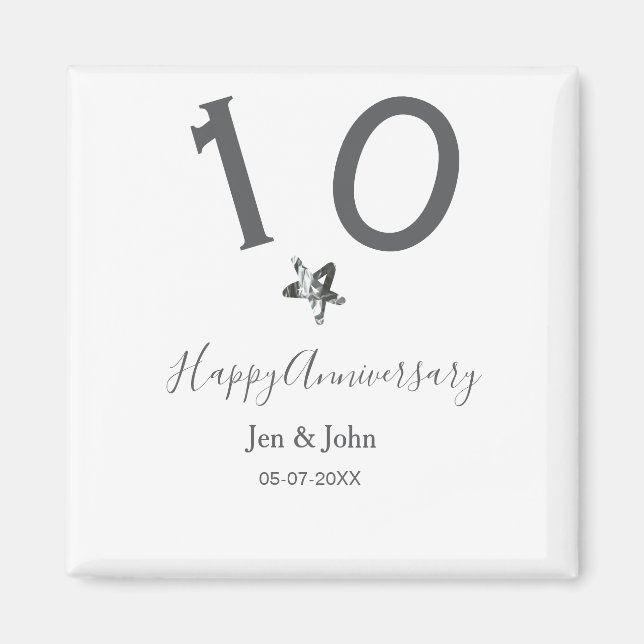 Aimant Joyeux 10e anniversaire nom date gris métal étoile (Devant)