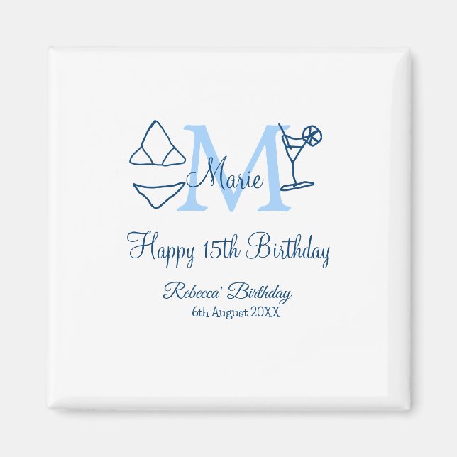 Aimant Joyeux 15e anniversaire bleu ajouter nom monogramm (Devant)