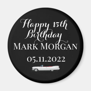Aimant Joyeux 15e anniversaire garçon fête en noir blanc