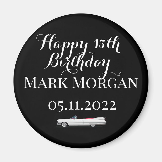 Aimant Joyeux 15e anniversaire garçon fête en noir blanc (Devant)