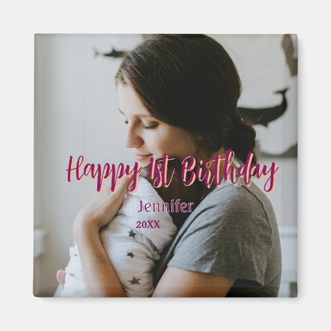 Aimant Joyeux 1er anniversaire enfant bébé mère rouge ora (Devant)