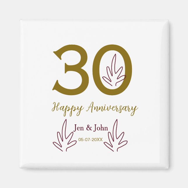 Aimant Joyeux 30e anniversaire nom date feuille rouge dor (Devant)