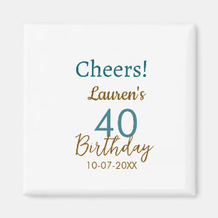 Aimant Joyeux 40e anniversaire nom date marron turquoise 