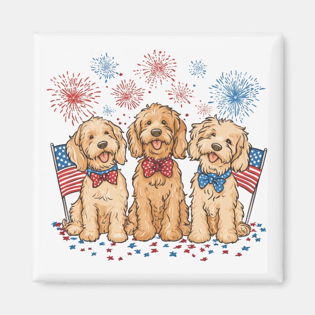 Aimant Joyeux 4 juillet Goldendoodle Dogs Fireworks (Devant)